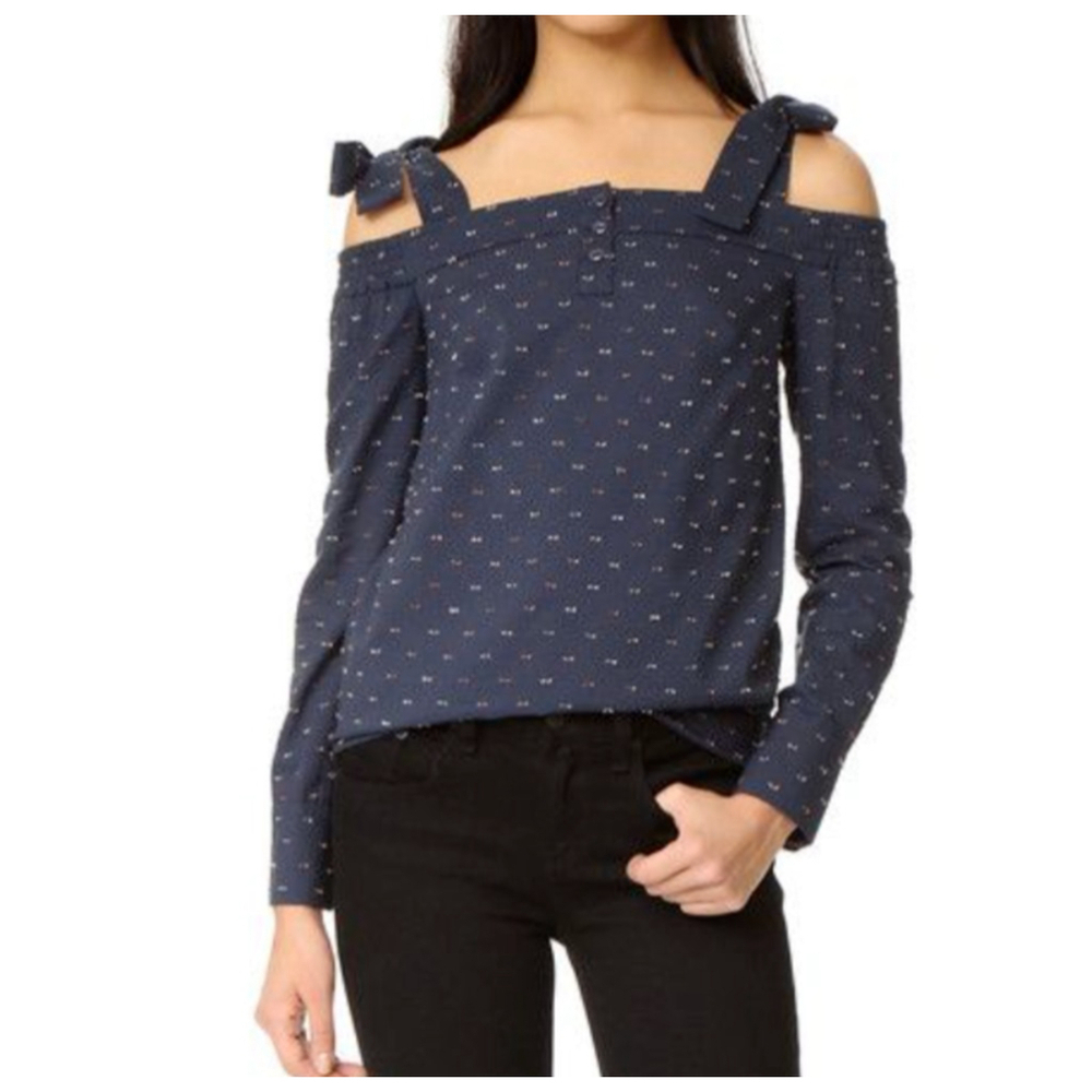 Saloni Womens Blue Bow‎ Cold Shoulder Top Sz 2 US Long Sleeve Textured